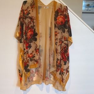 Vintage Style Gold & Pink Fall Floral Devore Velvet Kimono